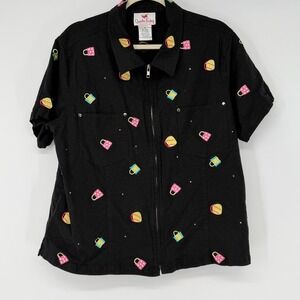 Quaker Factory Linen Blend 1X Black Short Sleeve Zip Up Embroidered Purses